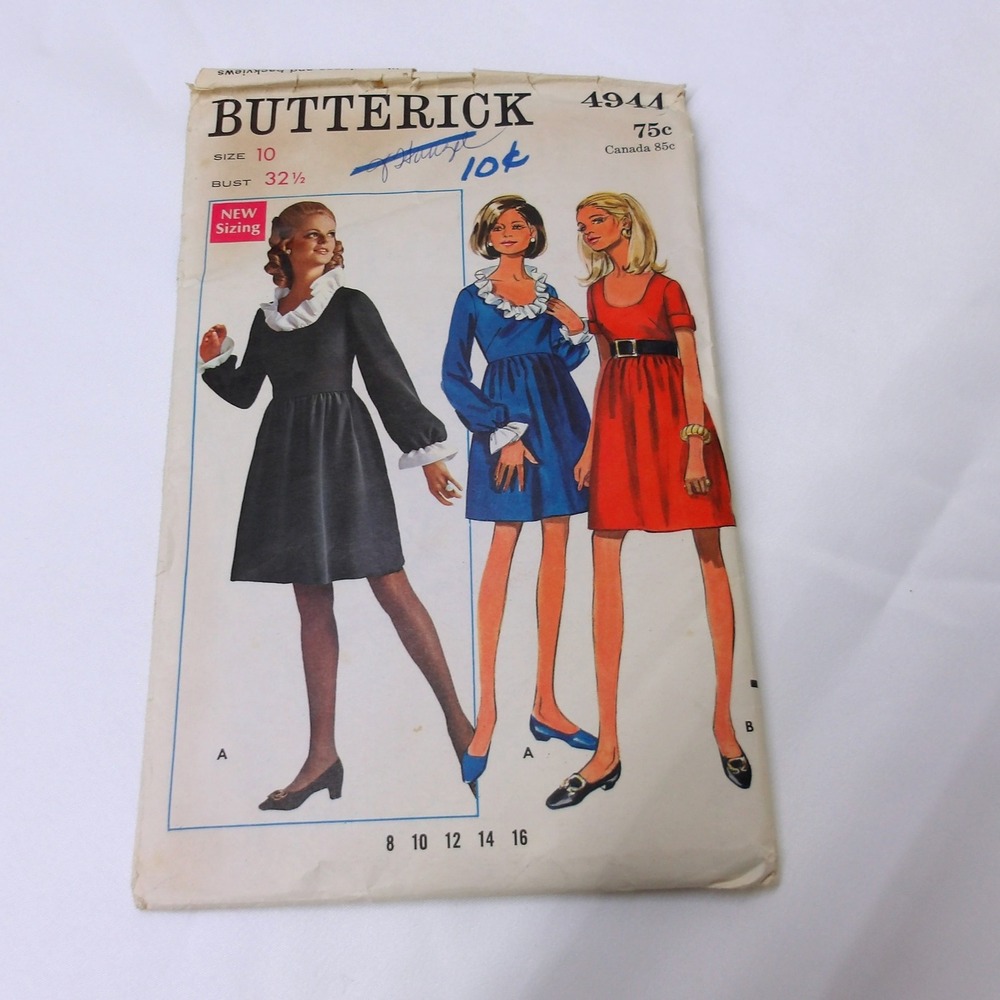 Butterick‎ Dress Sewing Pattern 4944 A-Line Mini Mod Style Size 10 Vintage/#6370